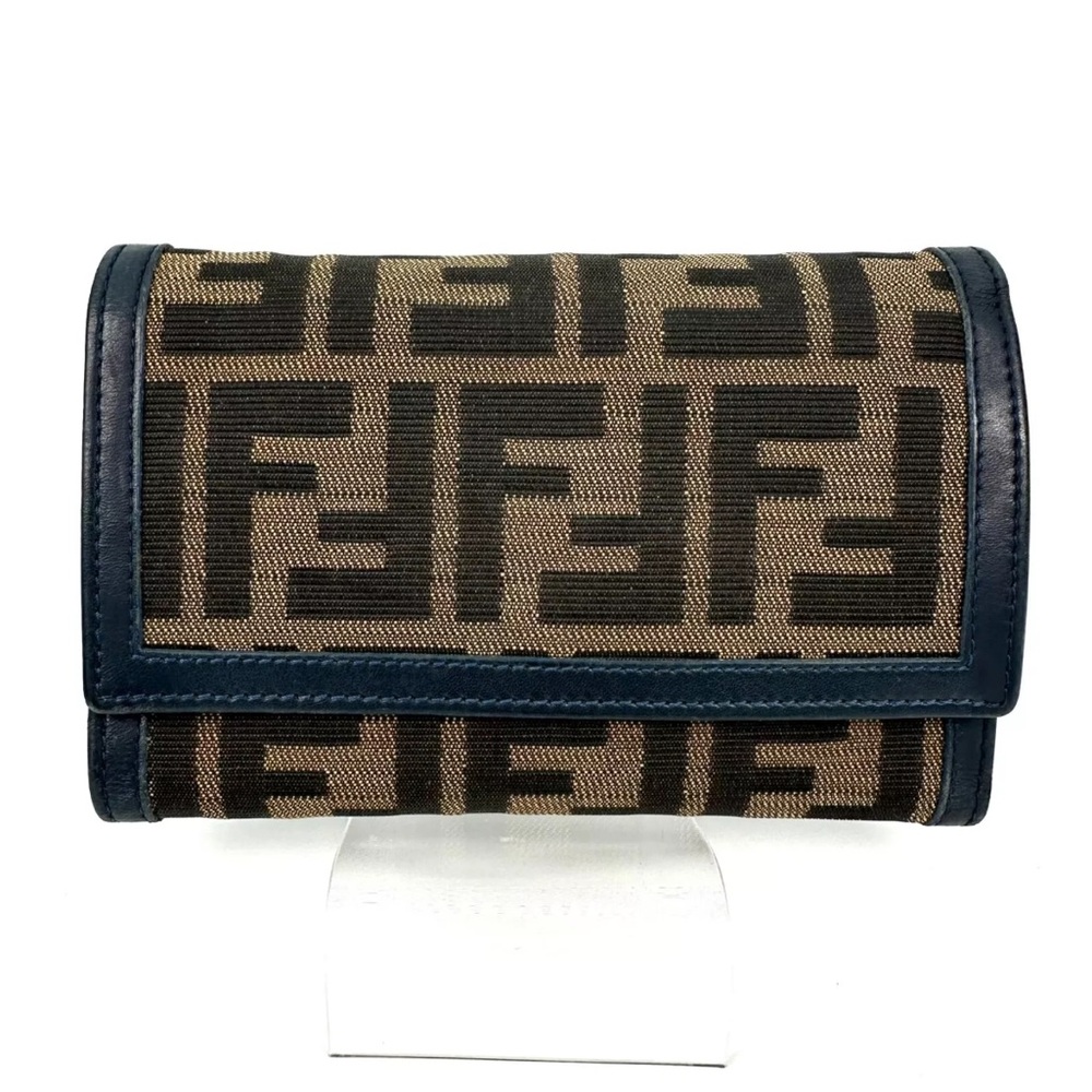 FENDI Wallet Trifold Purse Zucca Leather Brown/ Navy Authentic - Picture 3 of 13